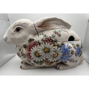 Vintage Bassano Italy Bunny Rabbit Tureen Majolica Floral Easter Centerpiece 12"